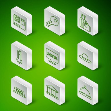 Line Hotel servis zili, Müze binası, aksiyon kamerası, konum oteli, meteoroloji termometresi, anahtar, taksi arabası çatısı ve zarif kadın şapkası ikonu. Vektör