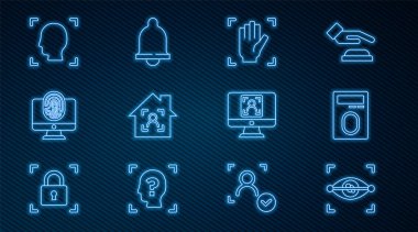 Hat göz taraması, kilitli parmak izi, el bilgisayarı tanıma, akıllı yüz tanıma, monitör parmak izi, yüz ve hareket sensörü simgesi ayarla. Vektör