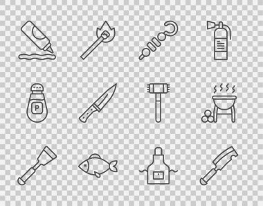 Spatula, et dilimi, ızgara şiş kebap, balık, ketçap şişesi, mutfak önlüğü ve ızgara ikonu. Vektör