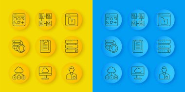 Line Cloud teknoloji veri transferini, Ağ bulut bağlantısını, Sunucu, Veri raporunu, Analist mühendisi, Data, Web Sunucusu, Farklı dosyalar, Dosya kayıpları ve Hiyerarşi organogram grafik simgesini ayarla. Vektör