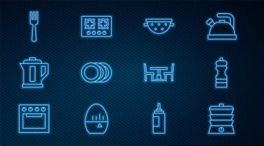 Sloset line Slow Cooker, Pepper, Kitchen süzgeci, Tabak, Elektrikli Kettle, Çatal, tahta masa, sandalye ve gaz sobası ikonu. Vektör