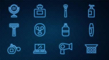 Makyaj tozunu aynayla, Mascara fırçasıyla, yüz kozmetik maskesiyle tıraş bıçağıyla, yuvarlak makyajla, parfümle ve ikonla ayarla. Vektör