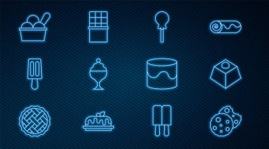 Kurabiye ya da bisküvi, çikolatalı kek, lolipop, kasede dondurma, pasta ve çikolata ikonu. Vektör