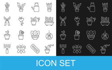 Spreyleme hattı, saksı, su kovası, çiçek, bahçe makası, cam şişe ve ikon. Vektör