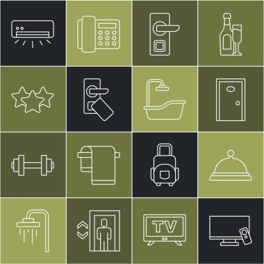 Akıllı TV, tepsi dolusu yiyecek, otel kapısı, dijital kilit, yıldız derecesi, klima ve küvet ikonu ile kaplı. Vektör