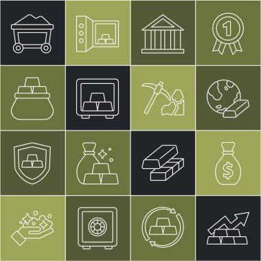 Altın külçeli çizgi büyüyen ok, eski para çantası, Gold, Bank binası, kasa, çanta, maden arabası ve maden ikonu. Vektör