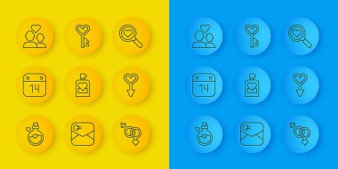 Aşk iksiri dolu bir şişe, Takvim 14 Şubat, parfüm, cinsiyet, kadın cinsiyet sembolü, aşık çift, arama kalbi ve anahtar şekil simgesi. Vektör