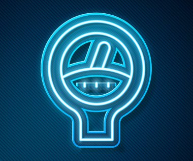 Parlayan neon hattı ölçeği simgesi mavi arkaplanda izole edildi. Memnuniyet, sıcaklık, manometre, risk, değerlendirme, performans, hız taktik ölçer. Vektör