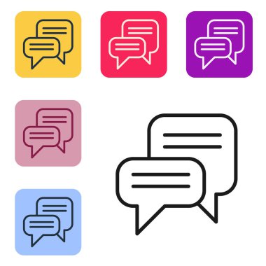 Siyah çizgi konuşma balonu sohbet simgesi beyaz arkaplanda izole edildi. İleti simgesi. İletişim ya da yorum sohbet sembolü. Renkli kare düğmelerle simgeleri ayarla. Vektör