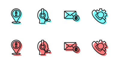 Satır Yeni, e-posta gelen mesajı, bilgili konum, erkek kulaklığı ve telefon 24 saat destek ikonu ayarla. Vektör