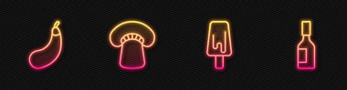 Dondurma, patlıcan, mantar ve acı sos. Parlayan neon ikonu. Vektör