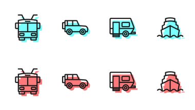 Rv Kamp karavanı, Trolleybus, off road car ve Cruise gemi ikonu. Vektör
