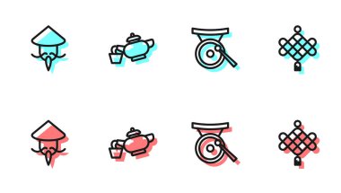 Set hattı Gong müzik aleti, Asya veya Çin konik hasır şapka, çay töreni ve kağıt fener ikonu. Vektör