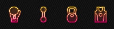 Set line Weight Boxing glove Dumbbell and jersey and t-shirt. Glowing neon icon. Vector.