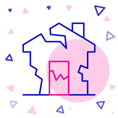 Beyaz arkaplanda çizgi harap ev simgesi izole edildi. Dağılmış ev. Derelict ev. Terk edilmiş ev. Renkli taslak konsepti. Vektör.