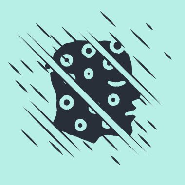 Black Face with psoriasis or eczema rash icon isolated on green background. Concept of human skin response to allergen or chronic body problem. Glitch style. Vector.