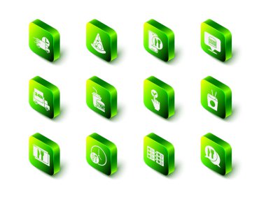 Set Slice of pizza Online ordering and delivery burger Asian noodles chopsticks Cafe restaurant location Restaurant cafe menu and Round the clock icon. Vector.