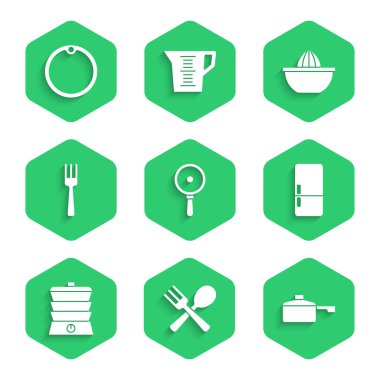 Set Frying pan Crossed fork and spoon Refrigerator Slow cooker Fork Citrus fruit juicer and Cutting board icon. Vector.