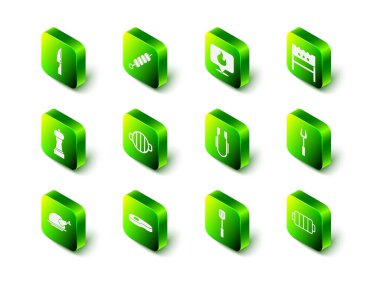 Set Grilled shish kebab Location with fire flame BBQ brazier Barbecue fork grill Meat tongs spatula and Steak meat icon. Vector.