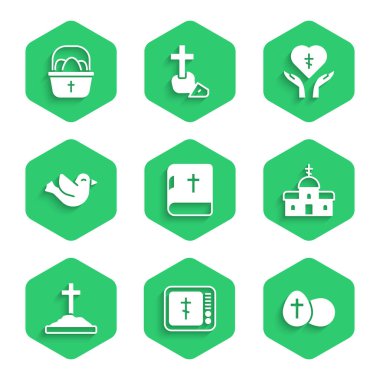 Set Holy bible book Online church pastor preaching Easter egg Church building Grave with cross Dove Religious heart and Basket easter eggs icon. Vector.