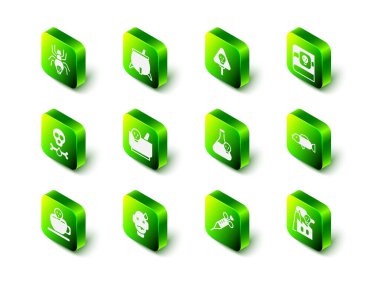 Set Witch cauldron Bones and skull Book about poisons Puffer fish Smoke from factory Beaker with toxic liquid Syringe and Man poisoning icon. Vector.