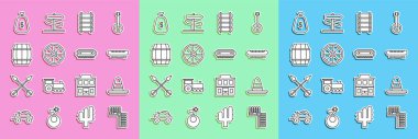 Set line Indian headdress with feathers Mexican sombrero hat Kayak or canoe and paddle Railway railroad track Old wooden wheel Wooden barrel Money bag and Harmonica icon. Vector.
