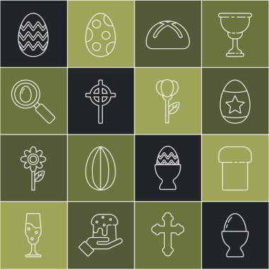 Set line Easter egg on a stand cake Christian cross Search easter and Flower tulip icon. Vector.