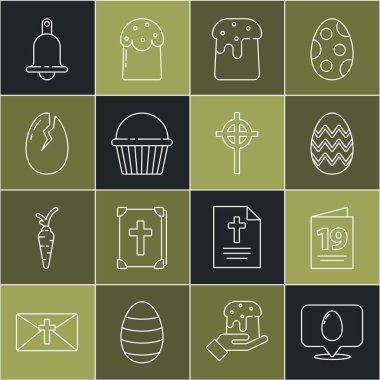 Set line Speech bubble with easter egg Greeting card Happy Easter cake Broken Ringing bell and Christian cross icon. Vector.