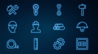 Set line Electrical outlet Worker safety helmet Wrench spanner Hammer and wrench Industry metallic pipe and Angle grinder icon. Vector.