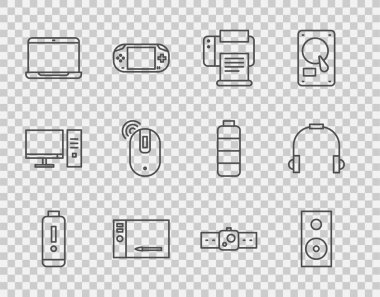 Set line Battery charge level indicator Stereo speaker Printer Graphic tablet Laptop Wireless computer mouse Smartwatch and Headphones icon. Vector.
