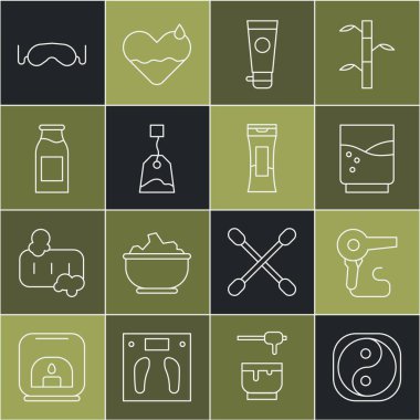 Set line Yin Yang Hair dryer Glass with water Cream or lotion cosmetic tube Tea bag Bottle milk Eye sleep mask and of shampoo icon. Vector.