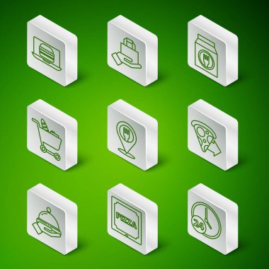 Set line Clock 24 hours Pizza in cardboard box Online ordering burger delivery Cafe and restaurant location Shopping cart food Covered with tray of and pizza icon. Vector.