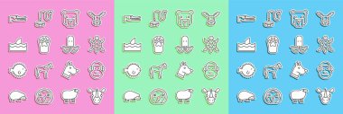 Set line Rhinoceros Monkey Turtle Bear head Paw print Shark fin ocean wave Crocodile and Octopus icon. Vector.
