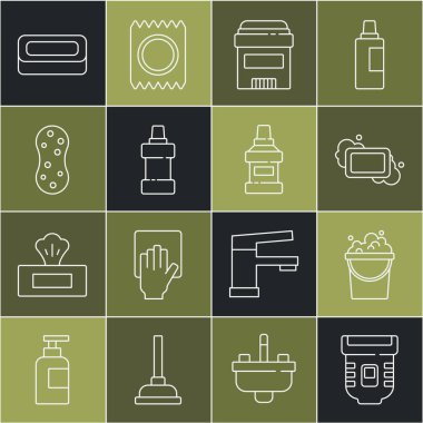 Set line Epilator Bucket with soap suds Bar of Antiperspirant deodorant roll Bottle for cleaning agent Sponge and Mouthwash bottle icon. Vector.