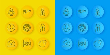 Set line Astronaut helmet Earth globe Solar system Planet Satellite Rocket ship and Ray gun icon. Vector.