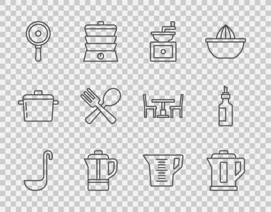 Set line Kitchen ladle Electric kettle Manual coffee grinder Teapot Frying pan Crossed fork and spoon Measuring cup and Bottle olive oil icon. Vector.