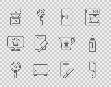 Set line Frying pan Meat chopper Refrigerator Toaster Manual coffee grinder Cutting board and meat knife and Sauce bottle icon. Vector.