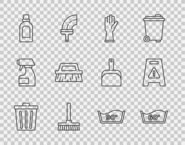 Set line Trash can Temperature wash Rubber gloves Handle broom Bottle for cleaning agent Brush and Wet floor icon. Vector.