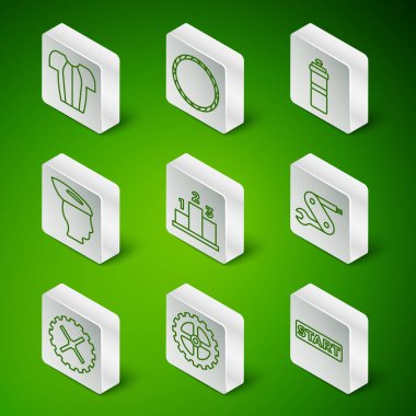 Set line Ribbon in finishing line Bicycle sprocket crank Cycling t-shirt Award over sports winner podium helmet wheel and Swiss army knife icon. Vector.