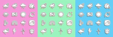 Set line Weather forecast Moon and stars Storm Sunrise Rainbow with cloud rain and icon. Vector.