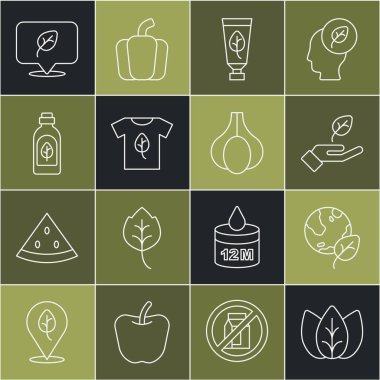 Set line Leaf or leaves Earth globe and leaf Plant in hand Organic cosmetic Vegan shirt Essential oil bottle food diet and Garlic icon. Vector.