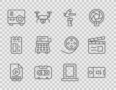 Set line MOV file document Photo and video shooting Gimbal stabilizer for camera Retro audio cassette tape Media projector typewriter Makeup mirror with lights and Movie clapper icon. Vector.