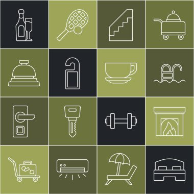 Set line Hotel room bed Interior fireplace Swimming pool Stairs Please do not disturb service bell Champagne bottle with glass and Coffee cup icon. Vector.