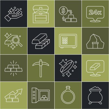 Set line Molten gold being poured Gold bars mine exchange money and Safe icon. Vector.