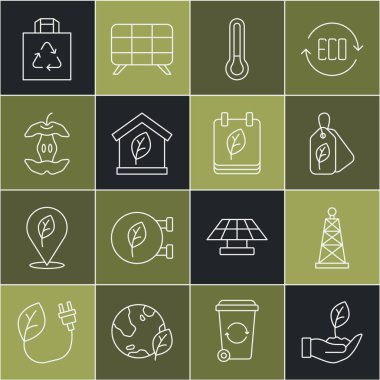 Set line Plant in hand Oil rig Tag with leaf Thermometer Eco friendly house Apple core Shopping bag recycle and Calendar autumn leaves icon. Vector.