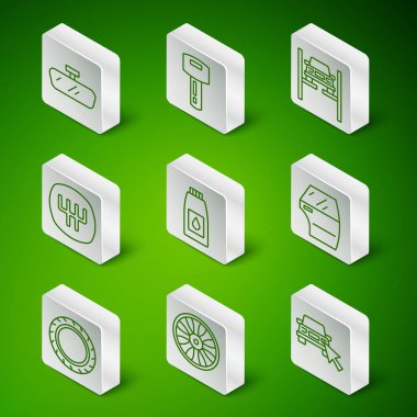 Set line Online car sharing Alloy wheel for Car mirror Canister motor machine oil Gear shifter key with remote tire and door icon. Vector.