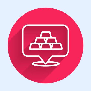 Beyaz çizgi altın çubuk simgesi uzun gölge arkaplan izole. Bankacılık işi konsepti. Kırmızı daire düğmesi. Vektör.