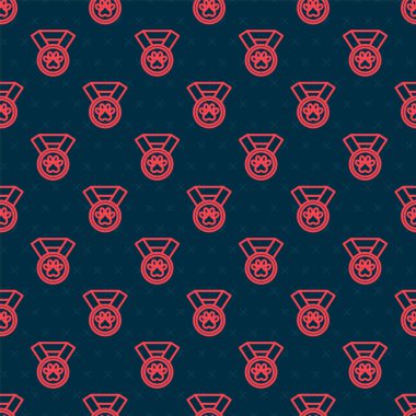Red line Pet award symbol icon isolated seamless pattern on black background. Badge with dog or cat paw print and ribbons. Medal for animal. Vector.