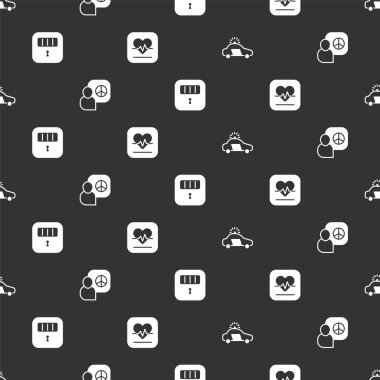Set Police car and flasher, Peace talks, Prison cell door and Heart rate on seamless pattern. Vector.
