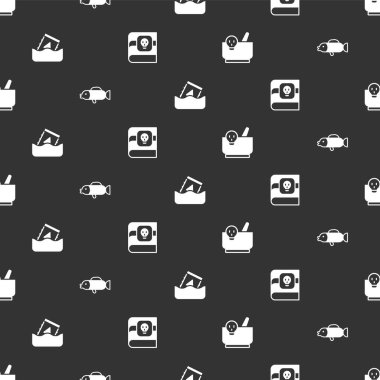 Set Mortar and pestle Puffer fish Radioactive waste in barrel and Book about poisons on seamless pattern. Vector.